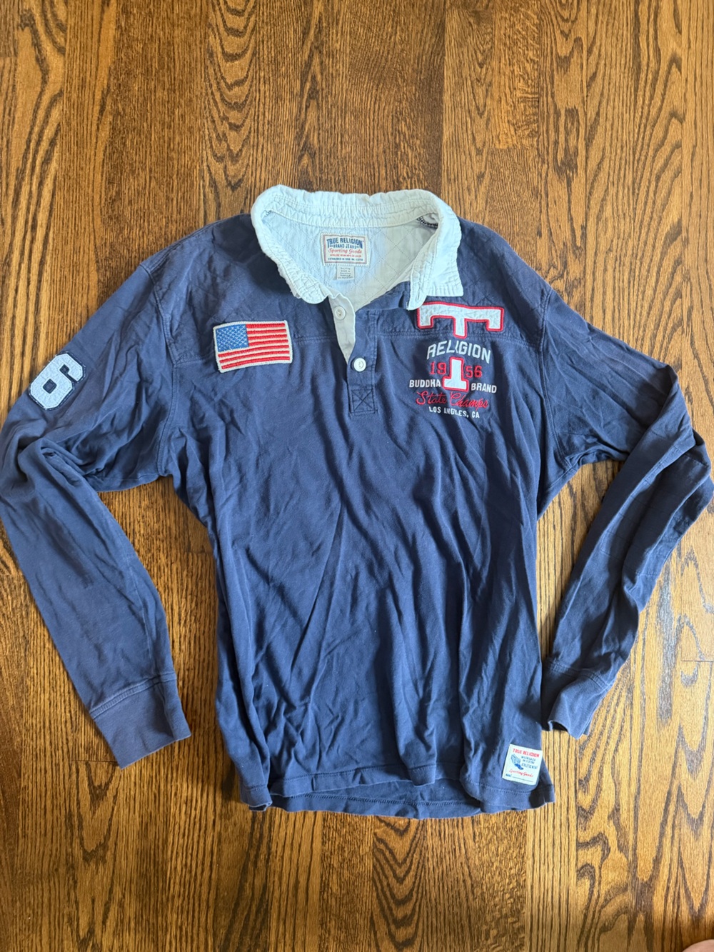 True Religion Vintage Navy Long-Sleeve Polo with Patch Details